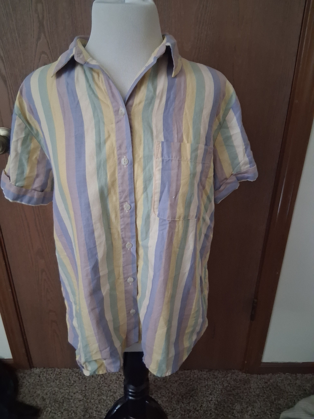 Women's Short Sleeve Striped Button-Up Shirt - Pastel 90s